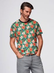 Męski t-shirt bawełniany w kwiatowy wzór full print – czarny V2 - Rozmiar: L. Czarne t-shirty męskie Ombre Clothing, na lato, l, bez wzorów, z bawełny, bez kołnierzyka. W wyprzedaży za 29.99 zł.