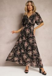Czarno-Różowa Sukienka Kopertowa z Krótkim Rękawem Wiązana z Tyłu z Gumką w Talii Cristola. Czarne sukienki damskie Renee, l, bez wzorów, eleganckie, bez kołnierzyka, bez ramiączek, maxi, kopertowe. W wyprzedaży za 83.99 zł.