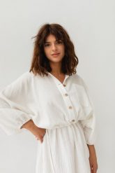 Sukienka typu kimono z muślinu w kolorze ecru - SAVANNAH ECRU-M/L. Brązowe sukienki damskie Marsala, na co dzień, na lato, l, bez wzorów, z bawełny, bez kołnierzyka, bez ramiączek, dopasowane. Za 279.90 zł.