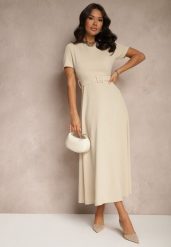 Beżowa Sukienka o Rozkloszowanym Kroju z Ozdobnym Paskiem Desiliena. Brązowe sukienki damskie Renee, na spotkanie biznesowe, m, bez wzorów, z denimu, eleganckie, bez kołnierzyka, bez ramiączek, maxi, kopertowe. Za 109.99 zł.