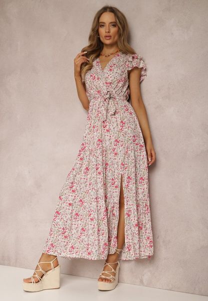 Beżowo-Czerwona Sukienka Oreithanassa. Brązowe sukienki damskie Renee, na lato, l, z aplikacjami, z materiału, bez kołnierzyka, bez ramiączek, maxi, kopertowe. Za 89.99 zł.