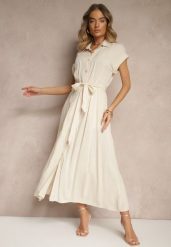 Beżowa Koszulowa Sukienka z Wiskozy z Paskiem Rinaira. Brązowe sukienki damskie Renee, na co dzień, l, bez wzorów, z materiału, eleganckie, bez kołnierzyka, bez ramiączek, maxi, koszulowe. W wyprzedaży za 97.99 zł.
