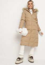 Beżowa Kurtka Pikowana Mocno Ocieplana z Kapturem z Futerkiem Gelirra. Brązowe kurtki damskie Born2be, na zimę, l, bez wzorów, z kapturem. Za 124.99 zł.