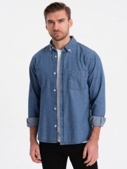 Klasyczna koszula męska jeansowa SLIM - niebieska OM-SHDS-0116 - S. Niebieskie koszule męskie Ombre Clothing, m, bez wzorów, z bawełny, bez kołnierzyka, bez ramiączek. W wyprzedaży za 49.99 zł.