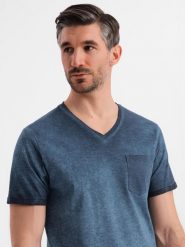 Bawełniany męski t-shirt V-neck z dzianiny z efektem sprania - granatowy V7 OM-TSWT-0242 - XXL. Niebieskie t-shirty męskie Ombre Clothing, l, bez wzorów, z bawełny, bez kołnierzyka. W wyprzedaży za 39.99 zł.