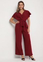 Bordowy Elegancki Kombinezon z Marszczeniem i Wcięciem w Talii Melonessa. Czerwone kombinezony damskie Born2be, m, bez wzorów, eleganckie, bez kołnierzyka, bez ramiączek. Za 129.99 zł.