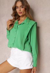 Zielona Koszula z Kołnierzem i Przeszyciami Emoree. Zielone koszule damskie Renee, bez wzorów, eleganckie, bez kołnierzyka, bez ramiączek. Za 64.99 zł.