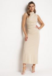Beżowa Dopasowana Sukienka Bodycon z Dekoracyjnym Marszczeniem Bez Rękawów Tykena. Brązowe sukienki damskie Born2be, na imprezę, m, bez wzorów, wizytowe, bez kołnierzyka, bez ramiączek, maxi, bodycon. W wyprzedaży za 103.99 zł.
