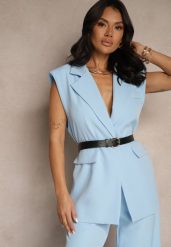 Jasnoniebieska Kamizelka Oversize w Garniturowym Stylu z Guzikiem i Paskiem z Klamrą Galazia. Niebieskie kamizelki damskie Renee, l. Za 84.99 zł.