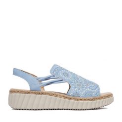 Sandały Rieker. Niebieskie sandały damskie Rieker, bez wzorów, bez obcasa, na koturnie. Za 339.99 zł.