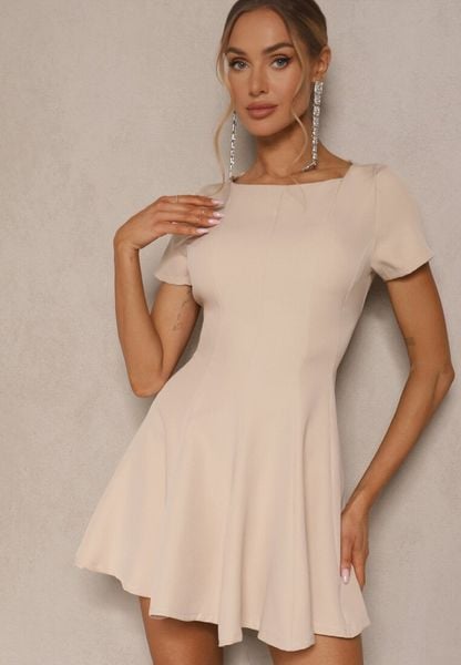 Beżowa Sukienka o Rozkloszowanym Kroju na Krótki Rękaw Zdobiona Przeszyciami Mepiza. Brązowe sukienki damskie Renee, na spotkanie biznesowe, l, z aplikacjami, eleganckie, bez kołnierzyka, bez ramiączek, mini, rozkloszowane. Za 89.99 zł.