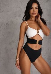 Biało-Czarny Jednoczęściowy Strój Kąpielowy Na Cienkich Ramiączkach ze Złotymi Ozdobami i Wycięciami Nonanoe. Białe stroje jednoczęściowe damskie Renee, l, bez wzorów, plus size. Za 109.99 zł.