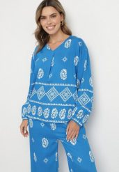 Niebieski Komplet w Stylu Rustykalnym Luźna Bluzka i Spodnie z Wiskozą Emilaris. Niebieskie spodnie materiałowe damskie Born2be, z aplikacjami, z wiskozy, eleganckie. Za 109.99 zł.