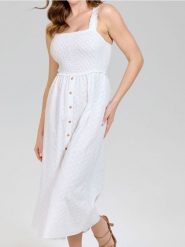 Sukienka midi z haftowanym zdobieniem - biały. Białe sukienki damskie Sinsay, l, z aplikacjami, bez kołnierzyka, bez ramiączek, midi. Za 79.99 zł.