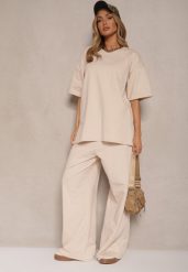 Beżowy Komplet z Bawełny T-shirt z Rozcięciami i Spodnie o Szerokim Kroju Elpiola. Brązowe spodnie materiałowe damskie Renee, bez wzorów, z bawełny, eleganckie. Za 99.99 zł.
