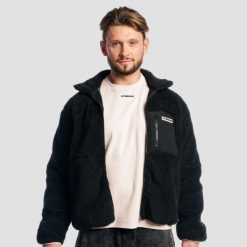 Kurtka męska fitness oversize z zamkiem czarna Sherpa. Czarne kurtki męskie GYMBEAM, m, bez wzorów, z materiału, bez kaptura. Za 195.90 zł.