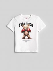 4F T-shirt regular z nadrukiem dziewczęcy - biały 122 (6-7 lat). Białe koszulki dziewczęce 4f, m, bez wzorów, z bawełny, bez ramiączek. Za 49.99 zł.