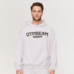 Bluza męska fitness z kapturem szara Varsity. Szare bluzy sportowe męskie GYMBEAM, bez wzorów, z bawełny, klasyczne, bez kołnierzyka, bez ramiączek. Za 139.90 zł.