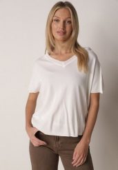 Biała Bluzka z Wiskozą o Nietoperzowym Kroju Oromeda. Białe bluzki damskie Born2be, uniwersalny, bez wzorów, z jeansu, bez kołnierzyka, bez ramiączek. Za 79.99 zł.