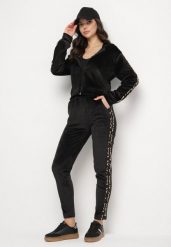 Czarny Welurowy Komplet Dresowy z Lampasem w Panterkę Spodnie i Bluza Elliorielle. Czarne bluzy z kapturem damskie Born2be, l, z dresówki. Za 79.99 zł.