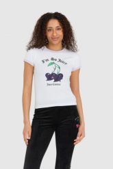 JUICY COUTURE Biały t-shirt damski z wisienkami slim. Białe t-shirty damskie Juicy Couture, s, bez wzorów, bez kołnierzyka. W wyprzedaży za 279.99 zł.