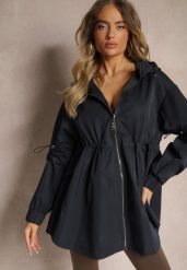 Granatowa Kurtka Parka Ściagana w Pasie Troczkami z Kapturem Evisanale. Niebieskie kurtki damskie Renee, l, bez wzorów, z materiału. Za 119.99 zł.