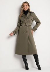 Zielony Płaszcz Trencz Dwurzędowy Ozdobiony Paskiemz Klamrą Tinbella. Zielone płaszcze damskie Born2be, l, bez wzorów, z jeansu, eleganckie. Za 199.99 zł.