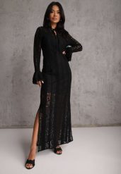 Czarna Taliowana Sukienka z Koronki Zdobiona Wiązaniem przy Szyi Terienna. Czarne sukienki damskie Renee, na imprezę, na lato, l, z aplikacjami, z koronki, bez kołnierzyka, bez ramiączek, maxi, oversize. Za 189.99 zł.