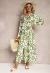Zielona Rozkloszowana Sukienka w Kroju Szmizjerki z Zapięciem na Guziki i Falbanką Kelloena. Zielone sukienki damskie Renee, na co dzień, l, bez wzorów, z jeansu, eleganckie, bez kołnierzyka, bez ramiączek, maxi, proste. Za 119.99 zł.