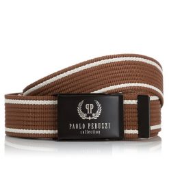 Pasek parciany PAOLO PERUZZI PW-08-115 CM brązowy z białymi przeszyciami. Białe paski męskie Paolo Peruzzi, bez wzorów, z materiału. Za 34.99 zł.