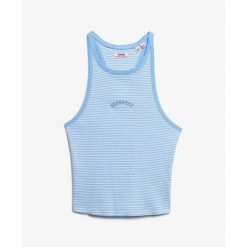 Tank top w paski z plecami w stylu sportowym i logo dla kobiet Superdry Essentia. Niebieskie topy damskie Superdry., bez wzorów, bez ramiączek. Za 96.35 zł.
