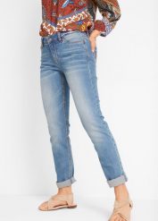 Dżinsy ze stretchem straight, mid waist. Niebieskie jeansy damskie bonprix. Za 124.99 zł.