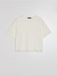 Bawełniana koszulka z ozdobną koronką - kremowy. Białe t-shirty damskie Sinsay, l, bez wzorów, z bawełny, bez kołnierzyka. Za 35.99 zł.