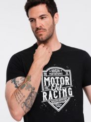T-shirt męski z nadrukiem w stylu motocyklowym – czarny V1 OM-TSPT-0125 - L. Czarne t-shirty męskie Ombre Clothing, l, bez wzorów, z bawełny, bez kołnierzyka. W wyprzedaży za 29.99 zł.