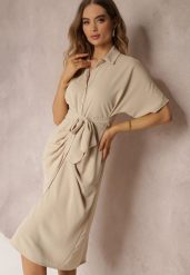 Beżowa Sukienka Koszulowa Wiązana z Przodu z Marszczeniem Raimona. Brązowe sukienki damskie Renee, na co dzień, bez wzorów, eleganckie, bez kołnierzyka, bez ramiączek, midi, koszulowe. W wyprzedaży za 83.99 zł.