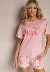 Jasnoróżowy Komplet Piżamowy T-shirt z Nadrukiem i Proste Spodnie w Cętki i Szorty Nirelsa. Czerwone piżamy damskie Renee, xl, bez wzorów, bez ramiączek. Za 44.99 zł.