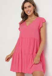 Różowa Rozkloszowana Sukienka z Bawełny Ozdobiona Falbankami Natiriane. Czerwone sukienki damskie Born2be, na co dzień, na lato, l, bez wzorów, z bawełny, eleganckie, bez kołnierzyka, bez ramiączek, mini, rozkloszowane. W wyprzedaży za 43.99 zł.