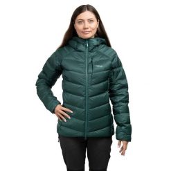 Kurtka trekkingowa puchowa damska Glaceon Pro Women. Zielone kurtki damskie RAB, na zimę, bez wzorów, z puchu, z kapturem. Za 1,259.99 zł.