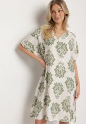 Zielona Pudełkowa Sukienka z Wiskozy Ozdobiona Geometrycznym Wzorem Emilavie. Zielone sukienki damskie Born2be, na co dzień, l, bez wzorów, z wiskozy, eleganckie, bez kołnierzyka, bez ramiączek, midi, proste. W wyprzedaży za 47.99 zł.
