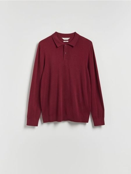 Wiskozowy sweter polo - bordowy. Czerwone swetry męskie Reserved, l, bez wzorów, z dzianiny, bez kołnierzyka. Za 99.99 zł.
