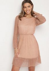 Szampańska Sukienka z Wiskozy Ozdobiona Metaliczną Nicią Meliorea. Żółte sukienki damskie Born2be, m, z aplikacjami, z wiskozy, eleganckie, bez kołnierzyka, bez ramiączek, mini. Za 99.99 zł.