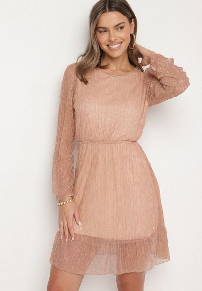 Szampańska Sukienka z Wiskozy Ozdobiona Metaliczną Nicią Meliorea. Żółte sukienki damskie Born2be, m, z aplikacjami, z wiskozy, eleganckie, bez kołnierzyka, bez ramiączek, mini. Za 99.99 zł.