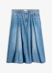 Spódnica jeansowa z lekkiego denimu, z regulowanym pasem. Niebieskie spódniczki damskie bonprix, bez wzorów, z denimu, midi. Za 149.99 zł.