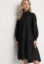 Czarna Bawełniana Sukienka Koszulowa o Rozkloszowanym Kroju Olenias. Czarne sukienki damskie Born2be, na co dzień, l, bez wzorów, z bawełny, bez kołnierzyka, bez ramiączek, midi, kopertowe. W wyprzedaży za 103.99 zł.