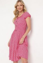 Fuksjowa Bawełniana Sukienka w Drobne Kwiaty z Gumkami w Talii Fielita. Czerwone sukienki damskie Born2be, na spotkanie biznesowe, na lato, m, bez wzorów, z bawełny, eleganckie, bez kołnierzyka, bez ramiączek, mini. Za 49.99 zł.