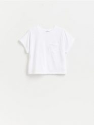 T-shirt z kieszonką - biały. Białe t-shirty damskie Reserved, l, bez wzorów, z bawełny, bez kołnierzyka. Za 45.99 zł.