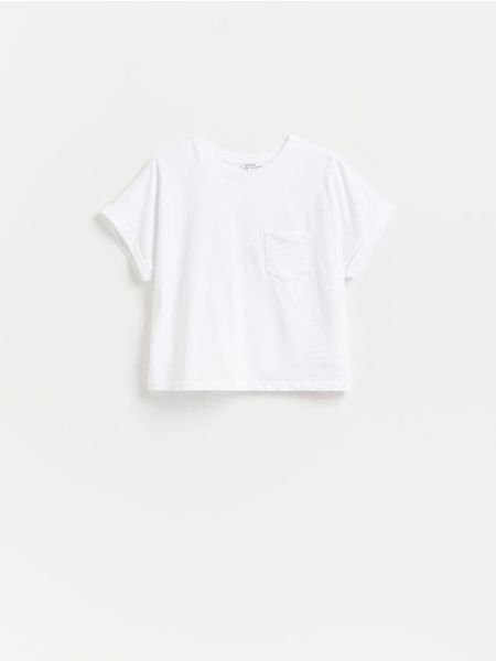T-shirt z kieszonką - biały. Białe t-shirty damskie Reserved, l, bez wzorów, z bawełny, bez kołnierzyka. W wyprzedaży za 25.99 zł.