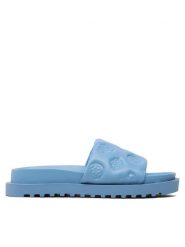 Guess Klapki Fabetza FL6BZT ELE19 Niebieski. Niebieskie klapki damskie Guess, z aplikacjami, ze skóry, bez obcasa. Za 279.99 zł.