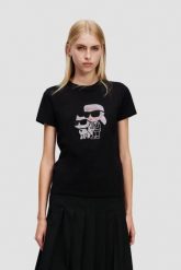 KARL LAGERFELD Сzarny damski t-shirt z cyrkoniami Ikon Duo, Rozmiar S. Czarne t-shirty damskie Karl Lagerfeld, s, bez wzorów, bez kołnierzyka. W wyprzedaży za 279.99 zł.