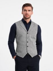 Kamizelka męska garniturowa z kołnierzem - szara V2. Szare kamizelki męskie Ombre Clothing, m, z poliesteru. W wyprzedaży za 169.99 zł.